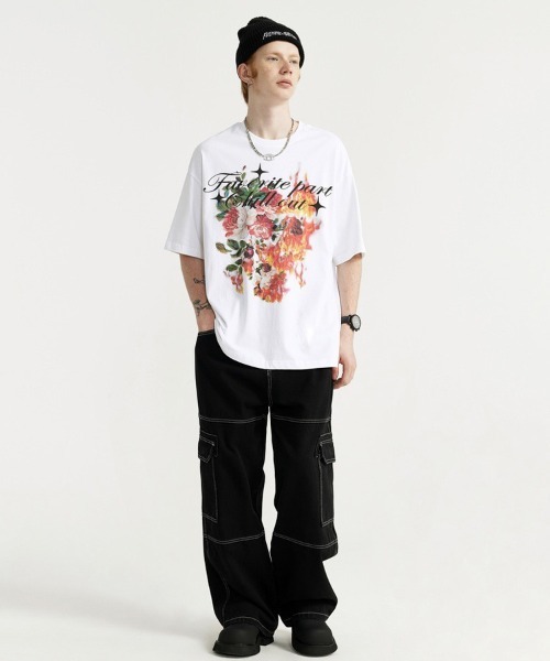 Ressaca(レサーカ)の「オーバーサイズ メッセージ&ファイヤーフラワーグラフィックプリントTシャツ(Tシャツ/カットソー・メンズ・ブラック/ホワイト・XL/L/M)」の12枚目の写真