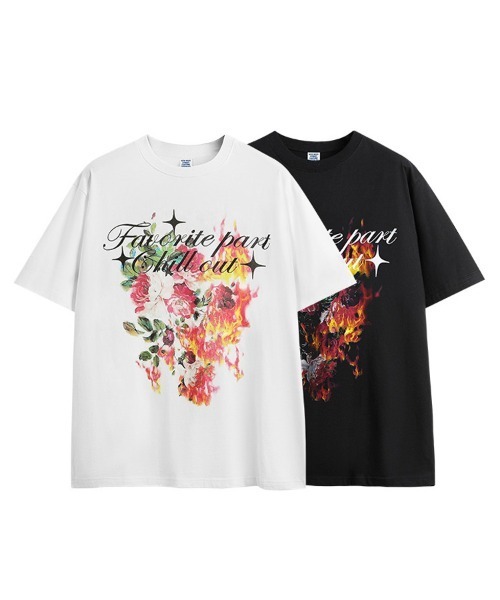 Ressaca(レサーカ)の「オーバーサイズ メッセージ&ファイヤーフラワーグラフィックプリントTシャツ(Tシャツ/カットソー・メンズ・ブラック/ホワイト・XL/L/M)」の10枚目の写真