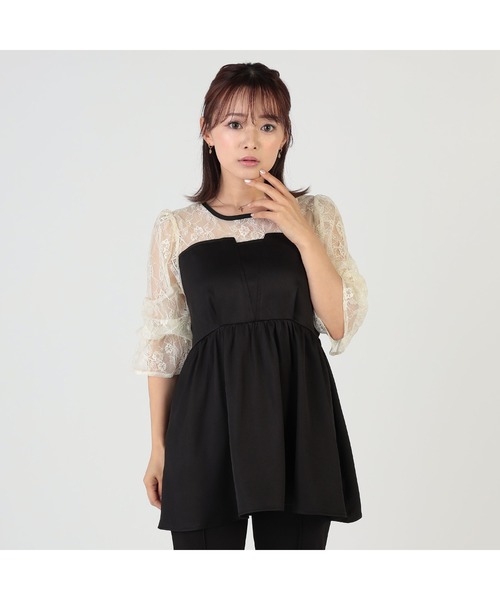 CECIL McBEE(セシルマクビー)の「レース切替えペプラムキャンディースリーブトップス(シャツ/ブラウス・レディース・アイボリー/ブラック・FREE)」の1枚目の写真