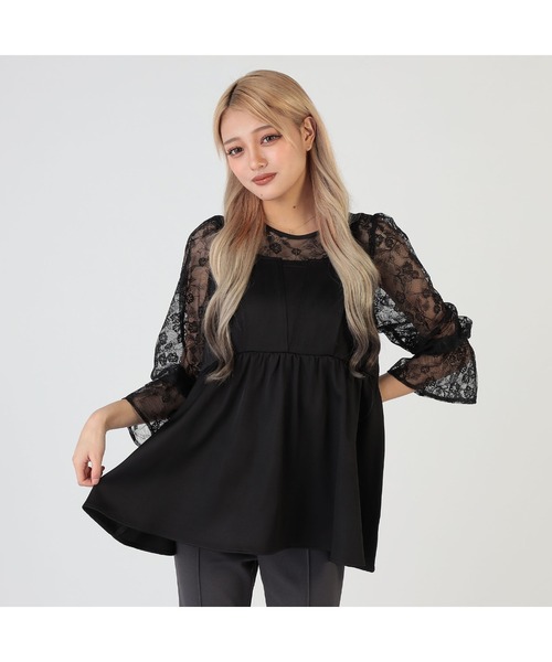 CECIL McBEE(セシルマクビー)の「レース切替えペプラムキャンディースリーブトップス(シャツ/ブラウス・レディース・アイボリー/ブラック・FREE)」の2枚目の写真