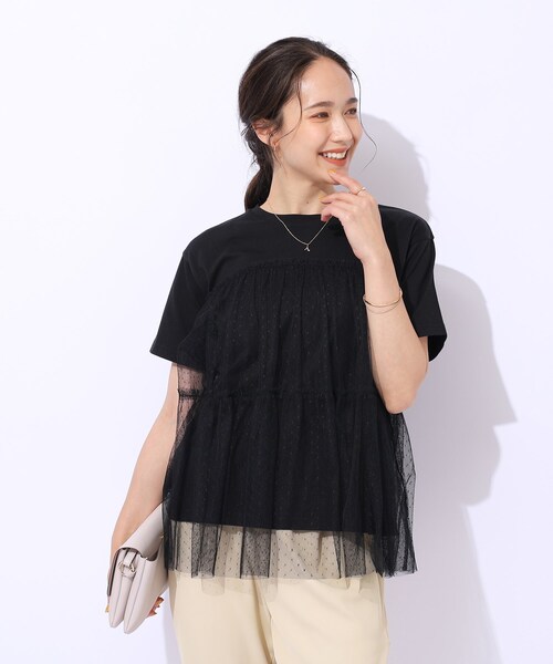 DRESKIP(ドレスキップ)の「◆【好レビュー/動くたびにふわっと揺れる】 着るだけで華やかな ドットチュールドッキングTシャツ(Tシャツ/カットソー・レディース・チャコールグレー/ブラック/オフホワイト/サックスブルー・02/03/04)」の13枚目の写真