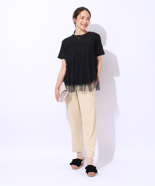 DRESKIP(ドレスキップ)の「◆【好レビュー/動くたびにふわっと揺れる】 着るだけで華やかな ドットチュールドッキングTシャツ(Tシャツ/カットソー・レディース・チャコールグレー/ブラック/オフホワイト/サックスブルー・02/03/04)」の15枚目の写真