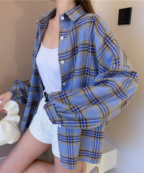 Teem Store(チームストア)の「ルーズシルエット チェックシャツ(シャツ/ブラウス・レディース・ネイビー/パープル/ホワイト/グリーン/ブラック系その他/ブラック/サックスブルー/ブルー・M)」の7枚目の写真