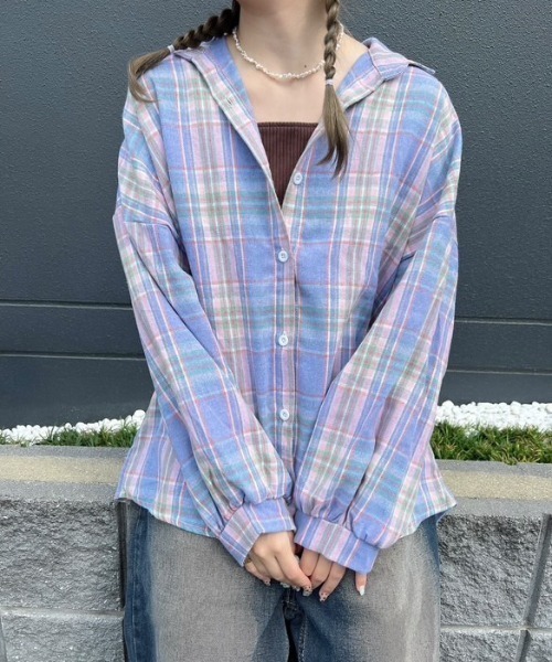 Teem Store(チームストア)の「ルーズシルエット チェックシャツ(シャツ/ブラウス・レディース・ネイビー/パープル/ホワイト/グリーン/ブラック系その他/ブラック/サックスブルー/ブルー・M)」の12枚目の写真
