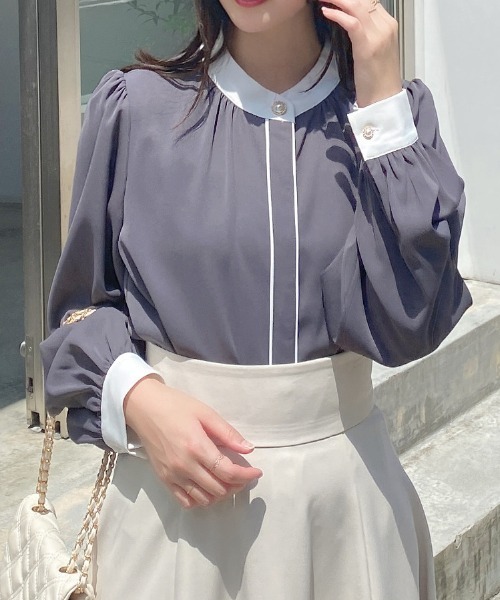 INGNI(イング)の「バイカラートロミブラウス(シャツ/ブラウス・レディース・グレー×ホワイト/ベージュ系2/ホワイト×ブラック・M)」の9枚目の写真
