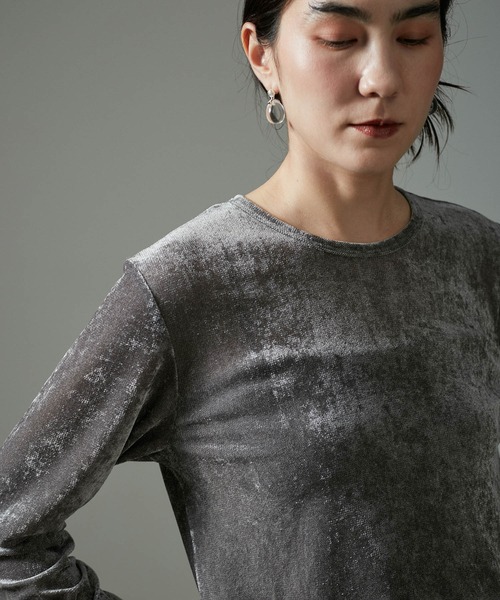 SALON adam et rope'(サロン アダム エ ロペ)の「【WEB限定】シアーベロアタッチクルーネックプルオーバー(Tシャツ/カットソー・レディース・キャメル/オフホワイト/チャコールグレー・FREE)」の3枚目の写真