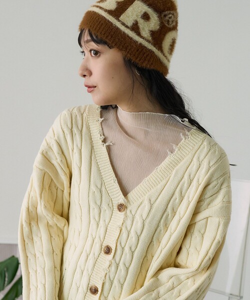 FREAK'S STORE(フリークスストア)の「ダメージケーブルニットカーディガン(ニット/セーター・レディース・ネイビー/オフホワイト/グレー・フリ-)」の8枚目の写真