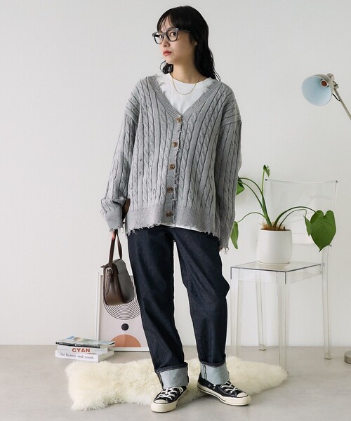 FREAK'S STORE(フリークスストア)の「ダメージケーブルニットカーディガン(ニット/セーター・レディース・ネイビー/オフホワイト/グレー・フリ-)」の10枚目の写真