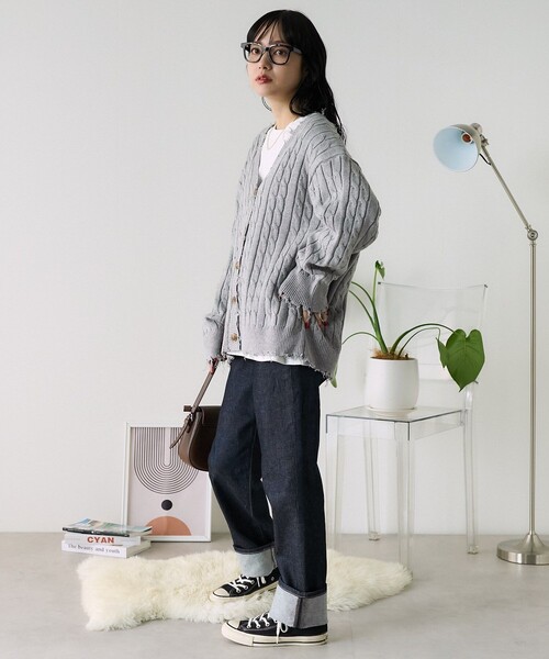 FREAK'S STORE(フリークスストア)の「ダメージケーブルニットカーディガン(ニット/セーター・レディース・ネイビー/オフホワイト/グレー・フリ-)」の13枚目の写真