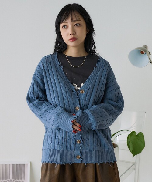 FREAK'S STORE(フリークスストア)の「ダメージケーブルニットカーディガン(ニット/セーター・レディース・ネイビー/オフホワイト/グレー・フリ-)」の18枚目の写真