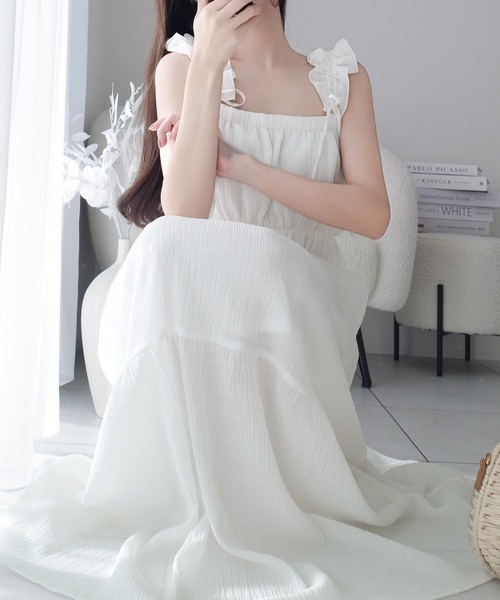 【milybilet】夏、ふんわり恋する。フリルショルダーAラインティアードキャミワンピース(ロング)