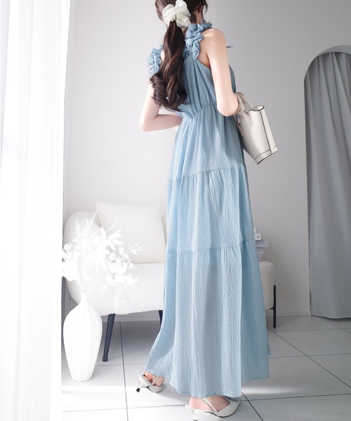 【milybilet】夏、ふんわり恋する。フリルショルダーAラインティアードキャミワンピース(ロング)