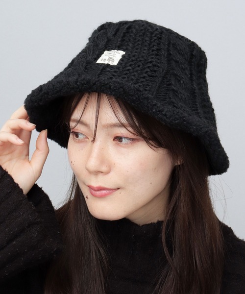 【もこもこ】PRADA◆ウール ケーブル編み バケットハット ロゴ付 セール】ケーブル編み 裏ボ ニット バケットハット(ハット