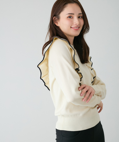 Jayro（ジャイロ）の「配色ライン入りフリルニットプルオーバー（ニット/セーター・レディース・ベージュ/ライトグリーン/キャメル/ネイビー・M）」の10枚目の写真