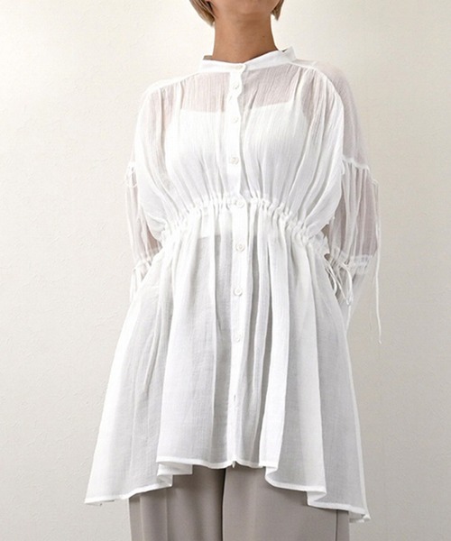 STYLEBLOCK（スタイルブロック）の「楊柳リボンギャザーブラウス（シャツ/ブラウス・レディース・ホワイト/グレー系その他/グリーン系その他/ライトグレー・M）」の2枚目の写真