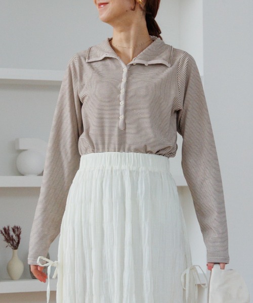 flower(フラワー)の「タイニーボーダートップ(Tシャツ/カットソー・レディース・ブラウン/ブラック・FREE)」の2枚目の写真