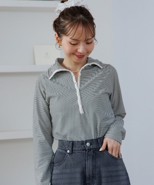 flower(フラワー)の「タイニーボーダートップ(Tシャツ/カットソー・レディース・ブラウン/ブラック・FREE)」の1枚目の写真