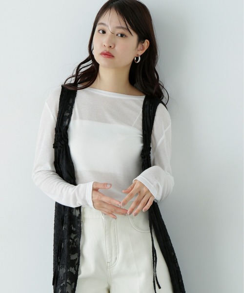 N.（N. Natural Beauty Basic）（エヌエヌナチュラルビューティーベーシック）の「シアーカットソーロンＴ（Tシャツ/カットソー・レディース・ライラック/オフホワイト/ブラック・MEDIUM）」の6枚目の写真