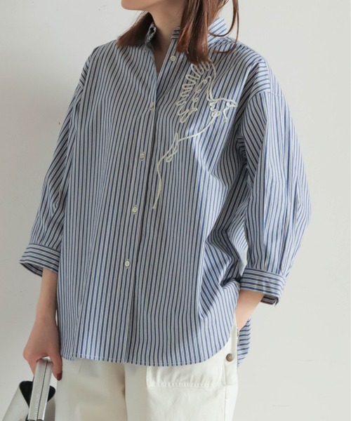 NOMBRE IMPAIR（ノンブルアンペール）の「ストライプ刺繍　6分袖レギュラーシャツ（シャツ/ブラウス・レディース・ネイビー/サックスブルー・FREE）」の20枚目の写真