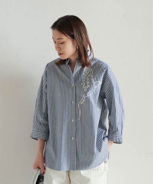 NOMBRE IMPAIR（ノンブルアンペール）の「ストライプ刺繍　6分袖レギュラーシャツ（シャツ/ブラウス・レディース・ネイビー/サックスブルー・FREE）」の19枚目の写真
