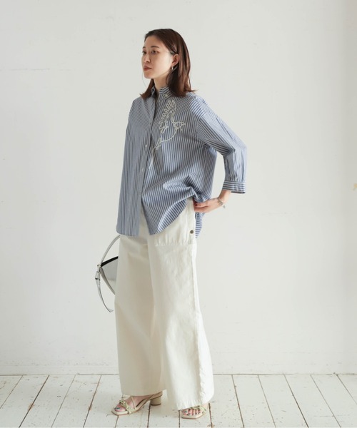 NOMBRE IMPAIR（ノンブルアンペール）の「ストライプ刺繍　6分袖レギュラーシャツ（シャツ/ブラウス・レディース・ネイビー/サックスブルー・FREE）」の22枚目の写真