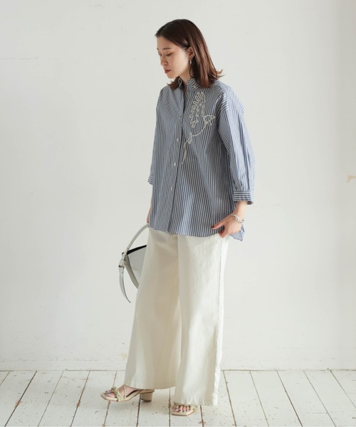 NOMBRE IMPAIR（ノンブルアンペール）の「ストライプ刺繍　6分袖レギュラーシャツ（シャツ/ブラウス・レディース・ネイビー/サックスブルー・FREE）」の17枚目の写真