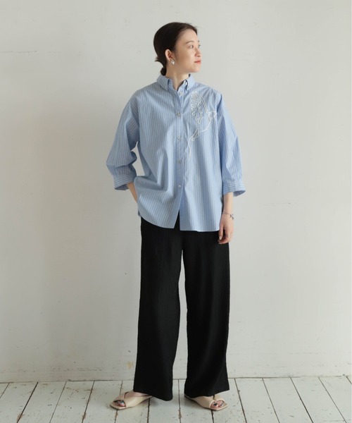 NOMBRE IMPAIR ノンブルアンペール ストライプ刺繍　6分袖レギュラーシャツ 06-219-5-1 ストライプ刺繍 6分袖レギュラーシャツ | NOMBRE IMPAIR