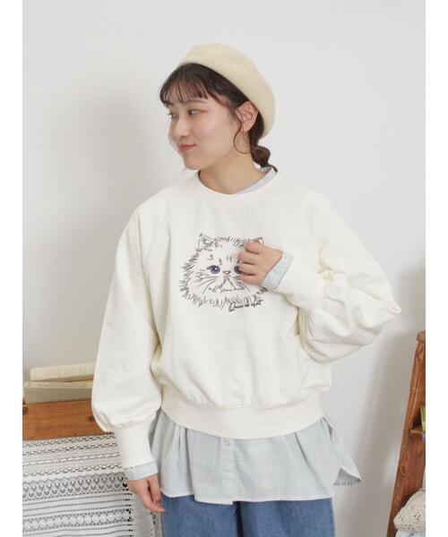 Samansa Mos2(サマンサ モスモス)の「ネコプリント刺繍スウェット(Tシャツ/カットソー・レディース・チャコールグレー/イエロー/オフホワイト/グレー・F)」の1枚目の写真