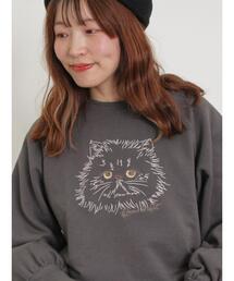 Samansa Mos2 | ネコプリント刺繍スウェット(Tシャツ/カットソー)