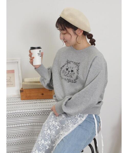 Samansa Mos2(サマンサ モスモス)の「ネコプリント刺繍スウェット(Tシャツ/カットソー・レディース・チャコールグレー/イエロー/オフホワイト/グレー・F)」の5枚目の写真