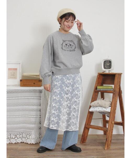 Samansa Mos2(サマンサ モスモス)の「ネコプリント刺繍スウェット(Tシャツ/カットソー・レディース・チャコールグレー/イエロー/オフホワイト/グレー・F)」の6枚目の写真