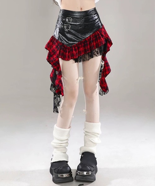 .KOM(ドットコム)の「A'GEM/9 × .kom 『.KOM/ドットケーオーエム』 チェックレイヤードエコレザー スカート(スカート・レディース・ブラック×レッド/ブラック×ホワイト・S/M/L)」の11枚目の写真