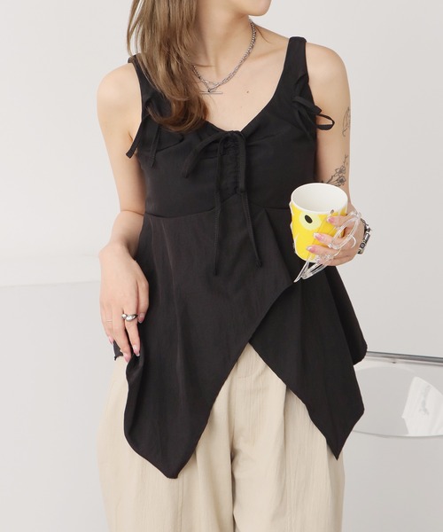 ROOPTOKYO(ループトウキョウ)の「ギャザーリボンデザイン ベーシックキャミソール 夏物 夏服(キャミソール・レディース・サックスブルー/ベージュ/ブラック/ピンク/グリーン/ホワイト・FREE)」の14枚目の写真