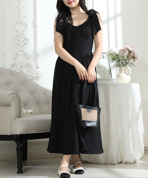 Lace Ladies(レースレディース)の「肩リボン Vネック キャミソール ギャザー ワンピース(ワンピース・レディース・ベージュ/ブラック/グレー・FREE/S)」の2枚目の写真