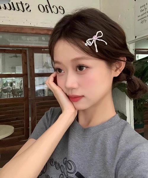 POTETE　ハートリボン クリップ 黒&白 2個セット　ヘアアクセサリー ribbon heart clip black – POTETE - ヘアアクセサリー
