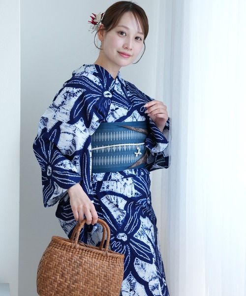有松絞り　スッキリした浴衣 utatane 浴衣 有松絞り浴衣3点セット 藍色にアイビー レディース