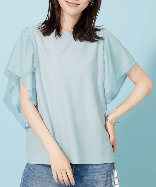 BELLUNA PLUS(ベルーナ)の「チュール使いフリル袖プルオーバー(Tシャツ/カットソー・レディース・ブラック/サックスブルー/フューシャピンク・X-LARGE/LARGE/MEDIUM)」の3枚目の写真