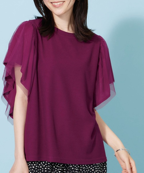 BELLUNA PLUS(ベルーナ)の「チュール使いフリル袖プルオーバー(Tシャツ/カットソー・レディース・ブラック/サックスブルー/フューシャピンク・X-LARGE/LARGE/MEDIUM)」の1枚目の写真