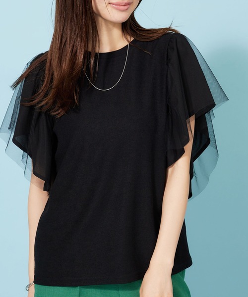 BELLUNA PLUS(ベルーナ)の「チュール使いフリル袖プルオーバー(Tシャツ/カットソー・レディース・ブラック/サックスブルー/フューシャピンク・X-LARGE/LARGE/MEDIUM)」の4枚目の写真