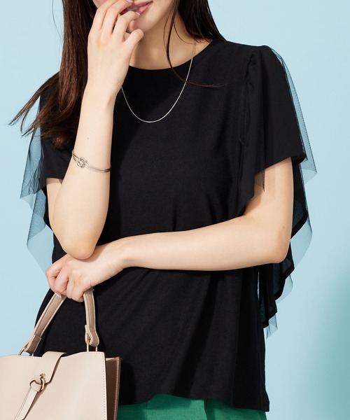 BELLUNA PLUS(ベルーナ)の「チュール使いフリル袖プルオーバー(Tシャツ/カットソー・レディース・ブラック/サックスブルー/フューシャピンク・X-LARGE/LARGE/MEDIUM)」の5枚目の写真