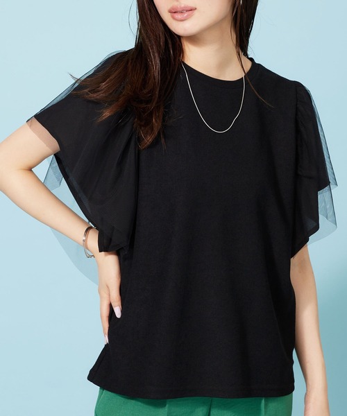 BELLUNA PLUS(ベルーナ)の「チュール使いフリル袖プルオーバー(Tシャツ/カットソー・レディース・ブラック/サックスブルー/フューシャピンク・X-LARGE/LARGE/MEDIUM)」の6枚目の写真