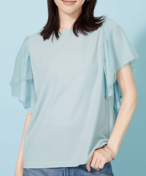 BELLUNA PLUS(ベルーナ)の「チュール使いフリル袖プルオーバー(Tシャツ/カットソー・レディース・ブラック/サックスブルー/フューシャピンク・X-LARGE/LARGE/MEDIUM)」の9枚目の写真