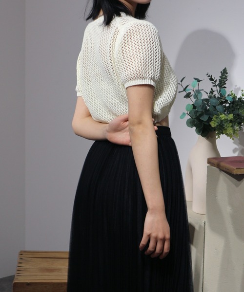 JilLA(ジルア)の「Short Mesh Knit / ショート丈メッシュニット(Tシャツ/カットソー・レディース・ホワイト/ブラック・FREE)」の3枚目の写真