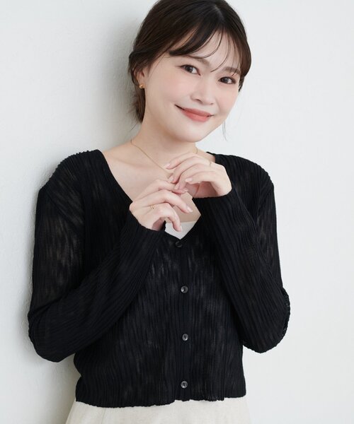 natural couture（ナチュラルクチュール）の「【WEB限定】針抜きリブVネックシアーカーディガン（カーディガン/ボレロ・レディース・サックスブルー/イエロー/ラベンダー/オフホワイト/ブラック・FREE）」の2枚目の写真