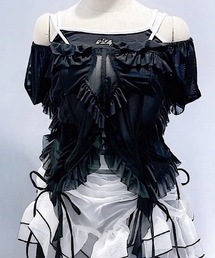 メッシュフリルヘムトップス