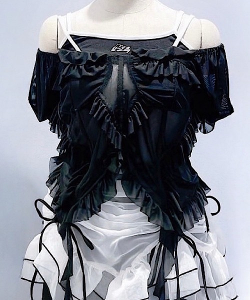 lilLilly(リルリリー)の「メッシュフリルヘムトップス(Tシャツ/カットソー・レディース・ブラック/ミント・FREE)」の2枚目の写真