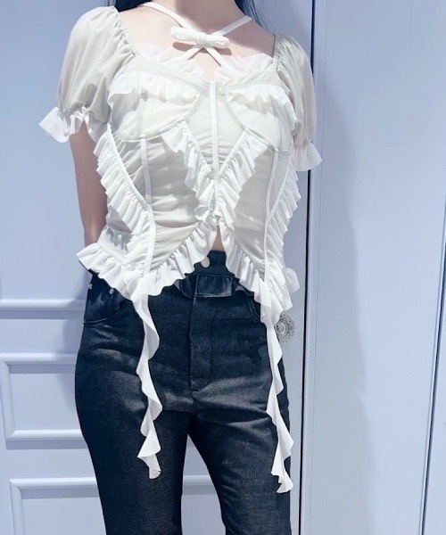 lilLilly(リルリリー)の「メッシュフリルヘムトップス(Tシャツ/カットソー・レディース・ブラック/ミント・FREE)」の3枚目の写真