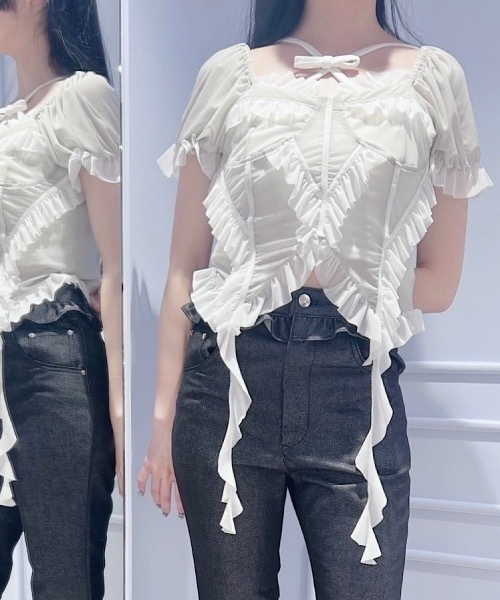 lilLilly(リルリリー)の「メッシュフリルヘムトップス(Tシャツ/カットソー・レディース・ブラック/ミント・FREE)」の5枚目の写真