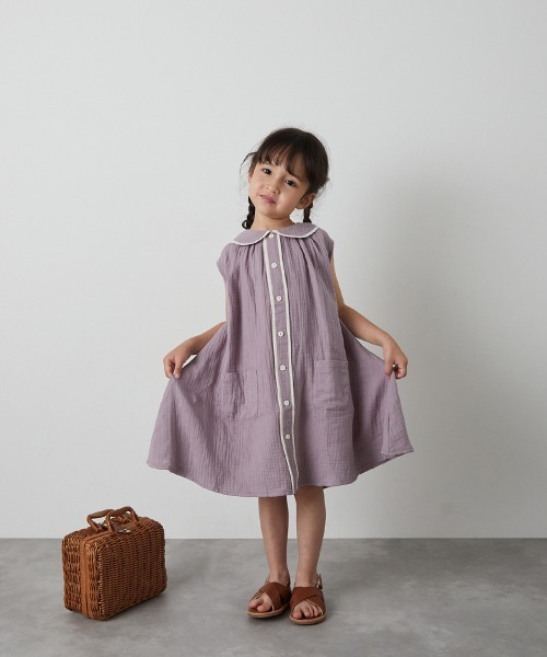 セール】配色パイピングダブルガーゼマリンワンピース