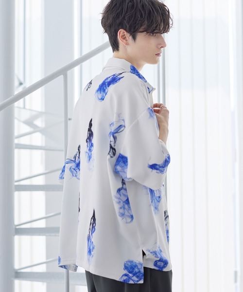 ETELIO（エテリオ）の「アソート総柄グラフィックプリントドレープ比翼シャツ（シャツ/ブラウス・メンズ・ホワイト系/ブラック系/ブラック系2/ブラック系3・S/M/L/XL）」の6枚目の写真